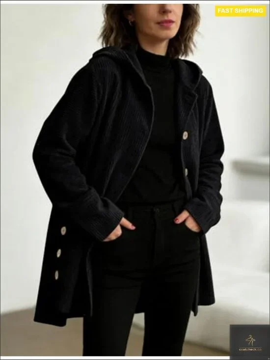 Corduroy Hooded Trench Coat Loose Fit Vintage Chic Casual Outerwear Jacket - Picture 2 of 7